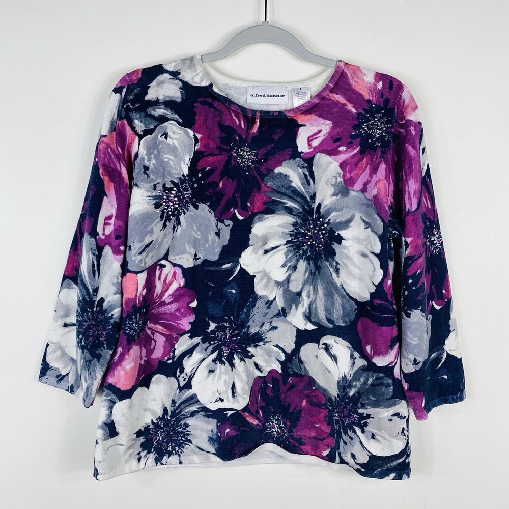 Alfred Dunner Size Small Floral Print Embellished Lightweight Sweater